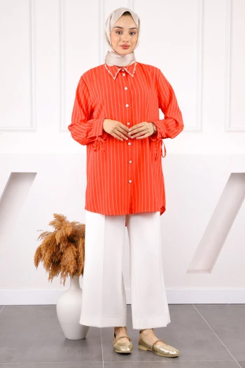 Nar Çiçeği Kolu Bağcıklı Yaka Taşlı Linda Tunik