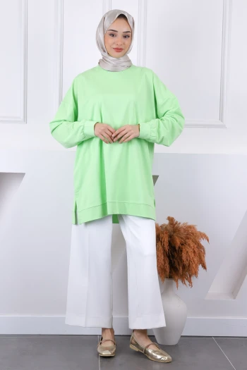 Neon Yeşili Pamuklu Kumaş Yan Yırtmaçlı Sweat