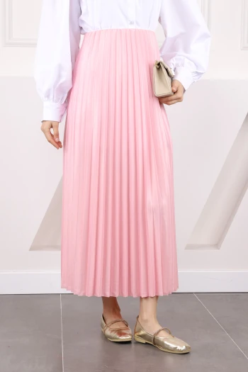 Pembe Bel Lastikli Piliseli Etek