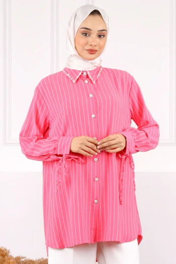 Pembe Kolu Bağcıklı Yaka Taşlı Linda Tunik