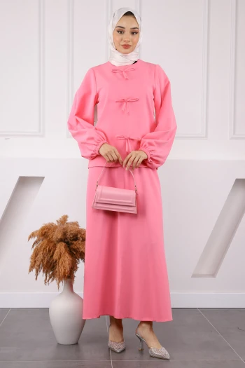 Pembe Önü Fiyonklu Krep Bluz Etekli Takım
