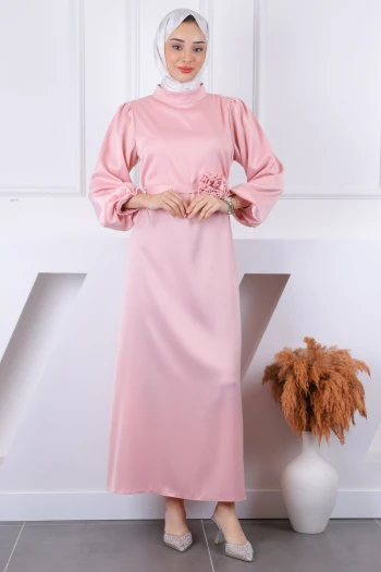 Pudra Gül Kemer Detaylı Balon Kol Saten Abiye