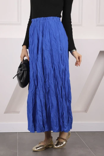 Saks Mavi Bel Lastikli Kraş Etek