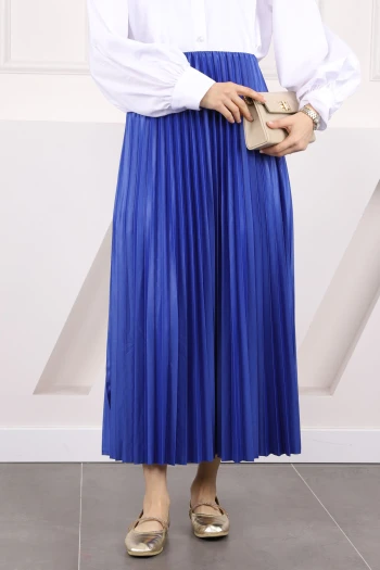 Saks Mavi Bel Lastikli Piliseli Etek