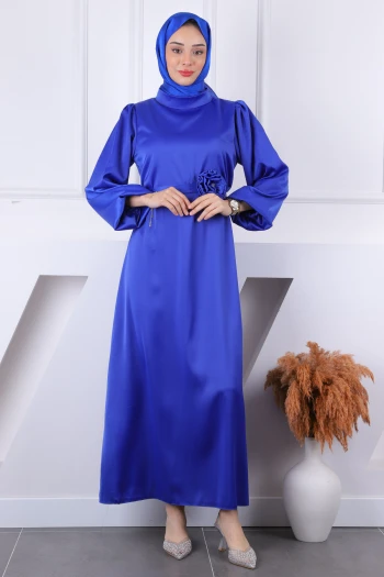 Saks Mavi Gül Kemer Detaylı Balon Kol Saten Abiye