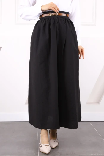 Siyah Bel Kemerli Büzgülü Etek