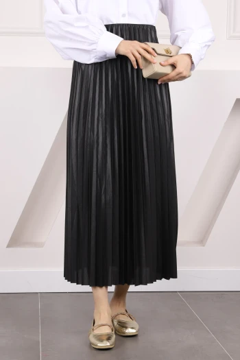 Siyah Bel Lastikli Piliseli Etek