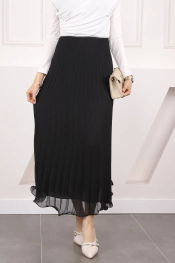 Siyah Bel Lastikli Piliseli Şifon Etek