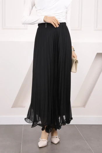 Siyah Bel Lastikli Piliseli Şifon Etek
