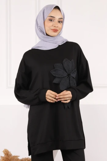 Siyah Çiçek Detaylı Modal Tunik Pantolonlu Takım