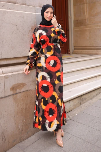 Siyah Desenli Eteği Katlı Viscon Elbise