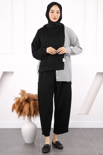 Siyah Gömlek Garnili Modal Tunik Pantolonlu Takım