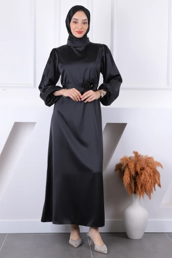 Siyah Gül Kemer Detaylı Balon Kol Saten Abiye