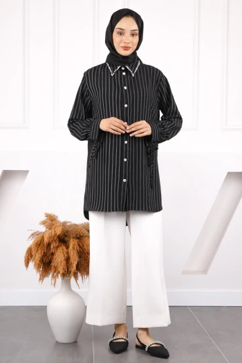 Siyah Kolu Bağcıklı Yaka Taşlı Linda Tunik