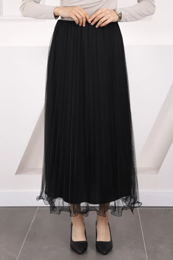 Siyah Piliseli Bel Lastikli Etek