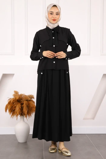 Siyah Taş Detaylı Tunik Pantolonlu Oys Takım