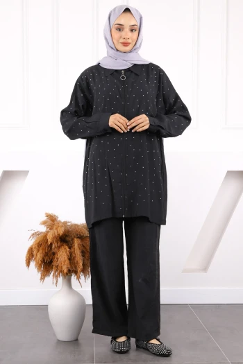 Siyah Taşlı Modal Tunik Pantolonlu Takım
