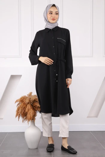 Siyah Yan Bağlamalı Linda Tunik