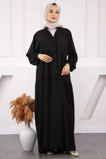 Siyah Yarım Düğmeli Eteği Katlı Modal Elbise
