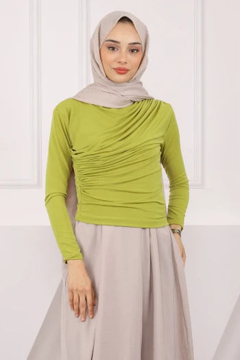 Yağ Yeşili Balıkçı Yaka Drapeli Sandy Bluz