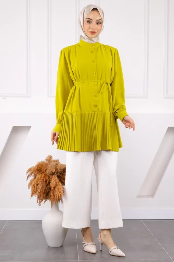 Yağ Yeşili Eteği Piliseli Bel Kuşaklı Tunik