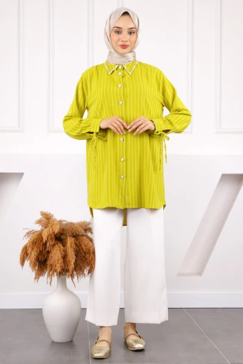 Yağ Yeşili Kolu Bağcıklı Yaka Taşlı Linda Tunik