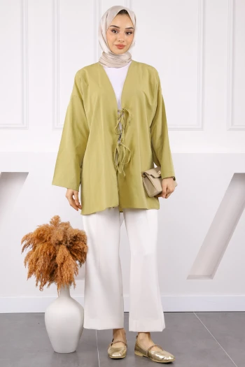 Yağ Yeşili Ön Bağlamalı Kimono