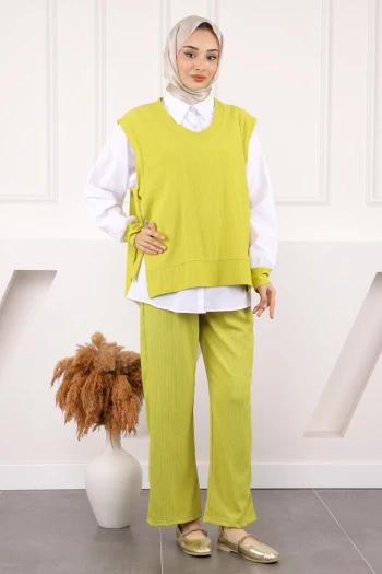 Yağ Yeşili Süveterli Gömlek Pantolonlu Kombin Takım