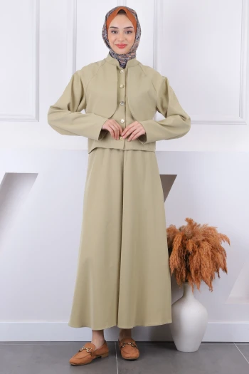 Yeşil Ön Düğmeli Ceket Etekli Takım