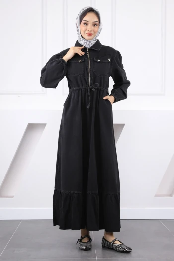 Antrasit Bel Bağlamalı Ön Fermuarlı Kot Elbise