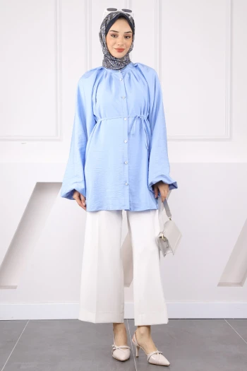 Bebe Mavi Balon Kol Kuşaklı Gömlek