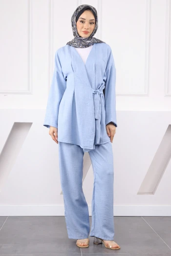 Bebe Mavi Çapraz Bağlamalı Keten Kimono Pantolon Takım