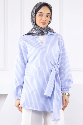 Bebe Mavi Çizgili Yan Bağlamalı Kimono