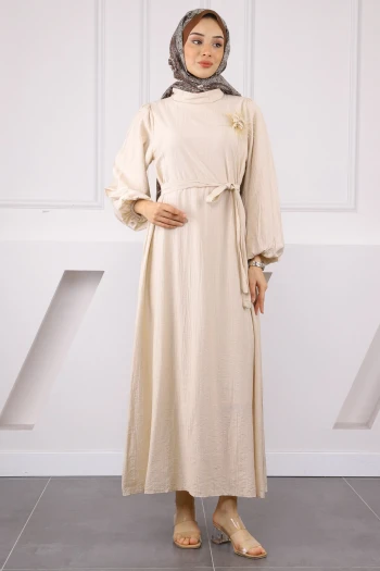 Bej Balon Kol Kuşaklı Elbise
