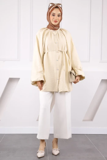 Bej Balon Kol Kuşaklı Gömlek