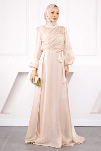 Bej Balon Kol Önü Drapeli Şifon Abiye