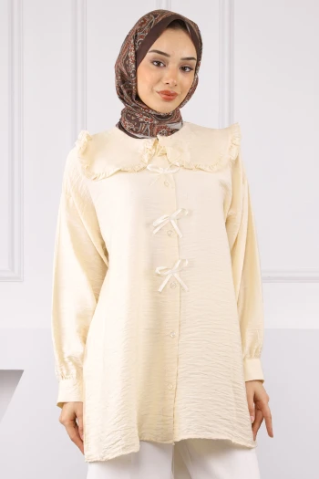 Bej Bebe Yaka Fiyonk Detaylı Tunik