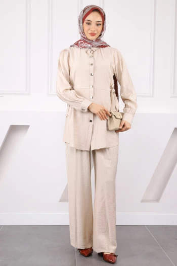 Bej Bel Bağlamalı Tunik Pantolonlu Takım