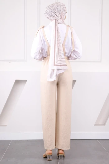 Bej Cep Detaylı Keten Tulum