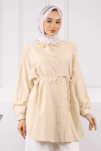 Bej Beli İp Detaylı Tunik