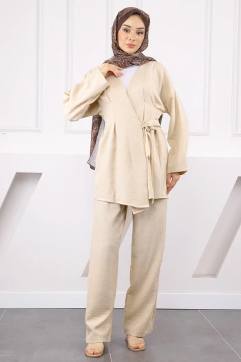 Bej Çapraz Bağlamalı Keten Kimono Pantolon Takım