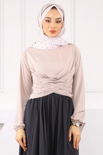 Bej Çapraz Drape Detaylı Sandy Bluz