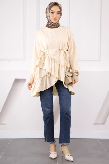 Bej Eteği Katlı Fırfırlı Tunik