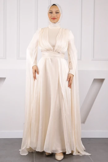 Bej Omuz Detaylı Drapeli Abiye