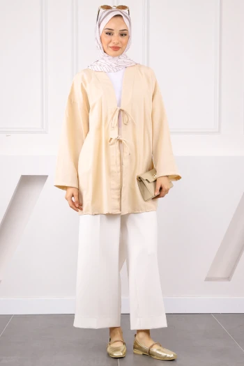 Bej Ön Bağlamalı Kimono