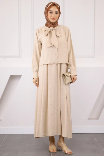 Bej Yaka Detaylı Gömlek Etekli Takım