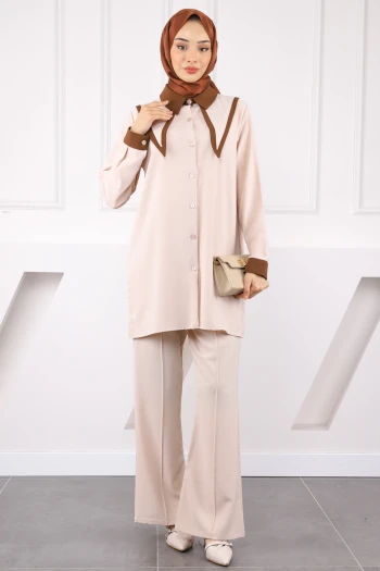 Bej Yaka Detaylı Tunik Pantolonlu Takım