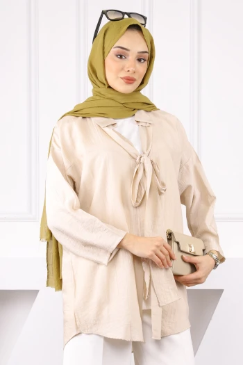 Bej Yan Bağlamalı İçlikli Kimono