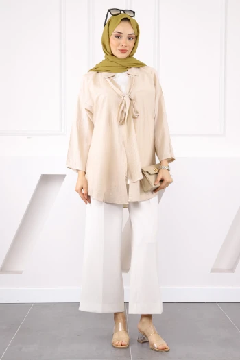 Bej Yan Bağlamalı İçlikli Kimono