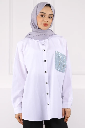 Beyaz Cebi Pul İşlemeli Oversize Gömlek